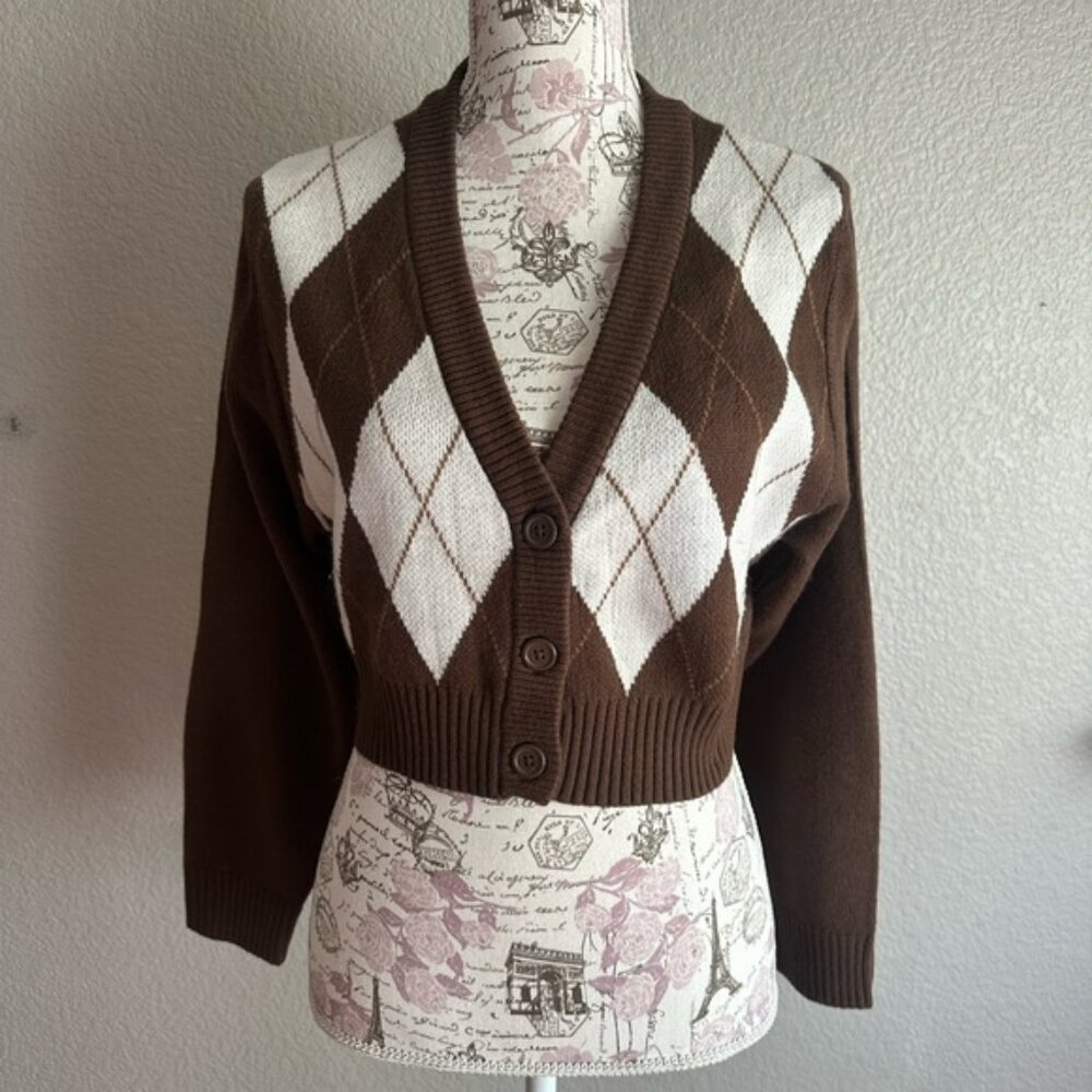 H&M Divided Brown and White Argyle Loose Cropped Cardigan - Women’s Size S